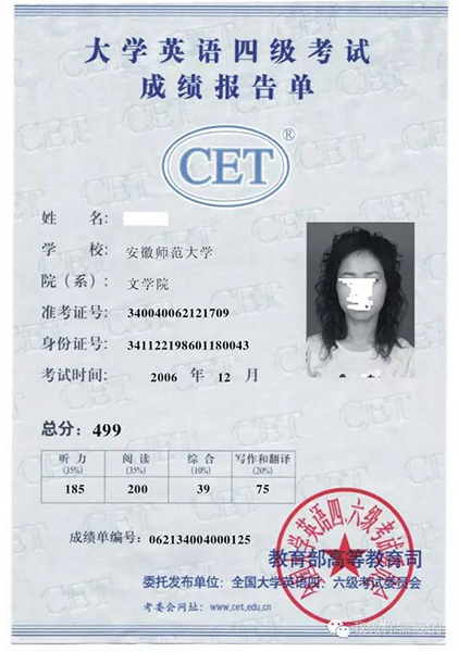 河南大學大學英語四六級成績單「編號:411012」